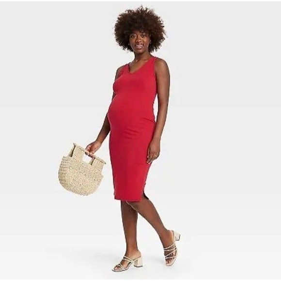 Isabel Maternity Bodycon V-Neck Maternity Dress Red - Picture 2 of 8